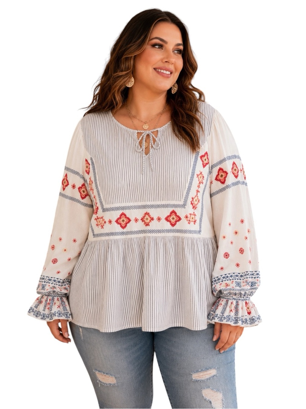 NWT Savanna Jane White & Blue Striped Boho Tunic with Embroidery Size 1X